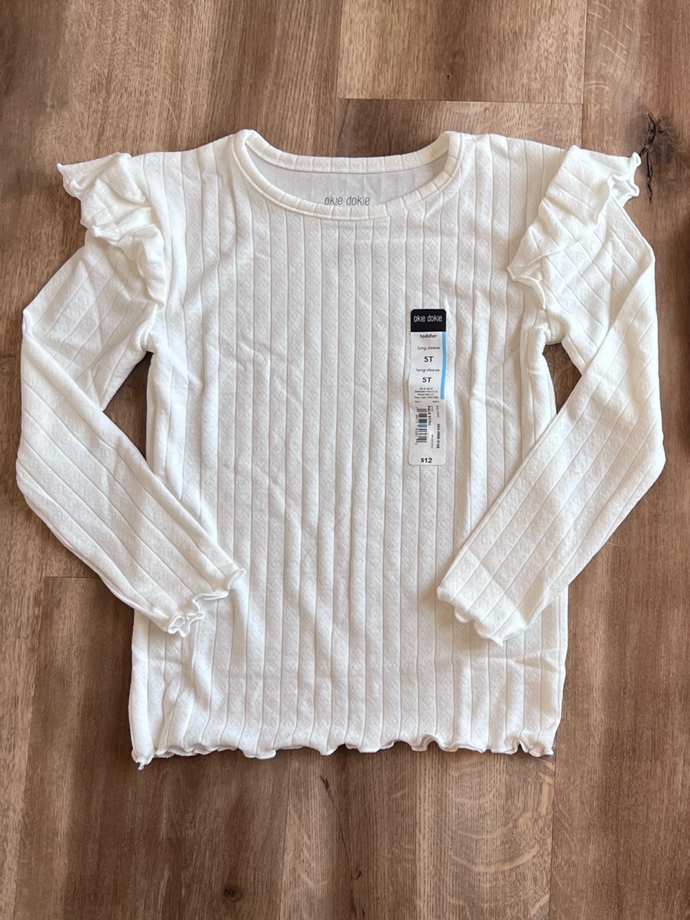 NWT Okie Dokie Girls 5T White Ribbed Long-Sleeve Top with Lettuce-Leaf Trim